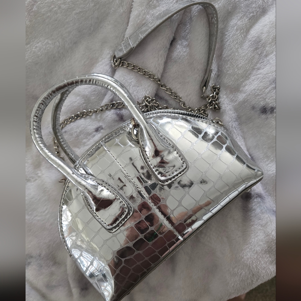 Metallic Silver Crocodile-Embossed Handbag Purse